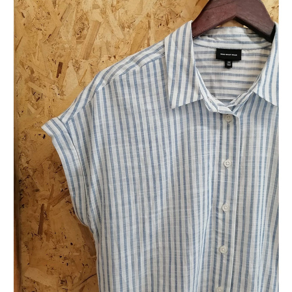 WHO WHAT WEAR Blue Striped Button Up Shirt Top Size Medium - Picture 7 of 9